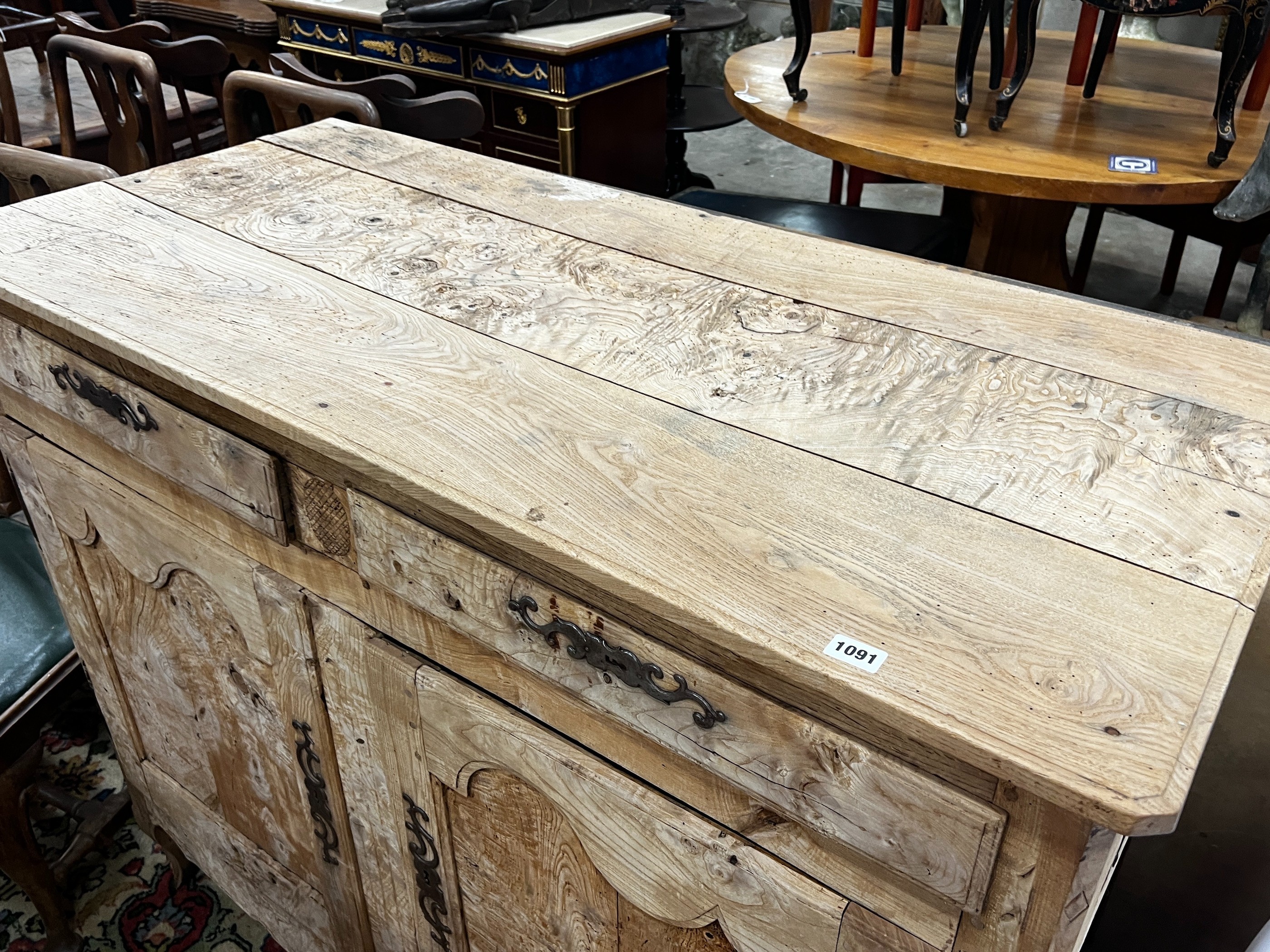 A 19th century French bleached elm buffet, length 129cm, depth 58cm, height 105cm